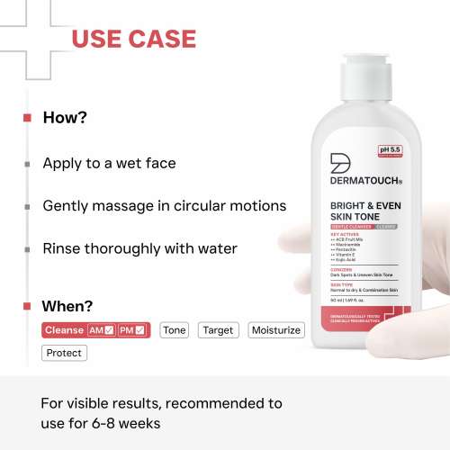 Dermatouch: Bright & Even Skin Tone Gentle Cleanser | Helps Reduce Dark Spots & Uneven Tone | pH 5.5 Daily Face Wash | 50ml