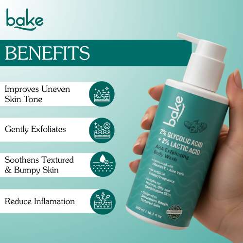 Bake Cosmetics: 2% Glycolic Acid + 3% Lactic Acid AHA Body Wash for Tan Removal, Strawberry Skin, Rough & Bumpy Skin 300ml