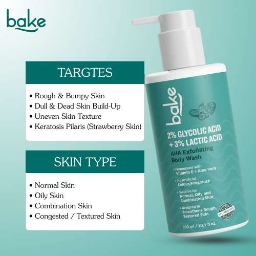 Bake Cosmetics: 2% Glycolic Acid + 3% Lactic Acid AHA Body Wash for Tan Removal, Strawberry Skin, Rough & Bumpy Skin 300ml