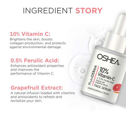 Oshea PhytoDERMA: 10% Vitamin C + 0.5% Ferulic Acid Infused with Grapefruit Face Serum 30ml
