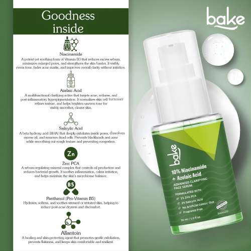 Bake Cosmetics: 10% Niacinamide + Azelaic Acid + 2% Kojic Acid Serum: Fades Acne Marks, Spots & Open Pores 30ml