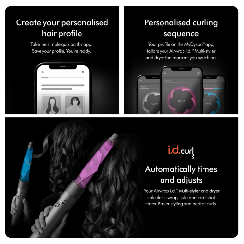 dyson: Airwrap i.d. Multi-styler & Dryer in Vinca Blue & Topaz colorway, with 6 unique attachments for versatile styling.