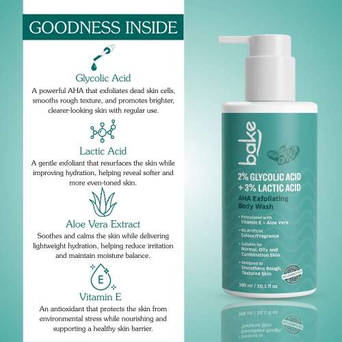 Bake Cosmetics: 2% Glycolic Acid + 3% Lactic Acid AHA Body Wash for Tan Removal, Strawberry Skin, Rough & Bumpy Skin 300ml