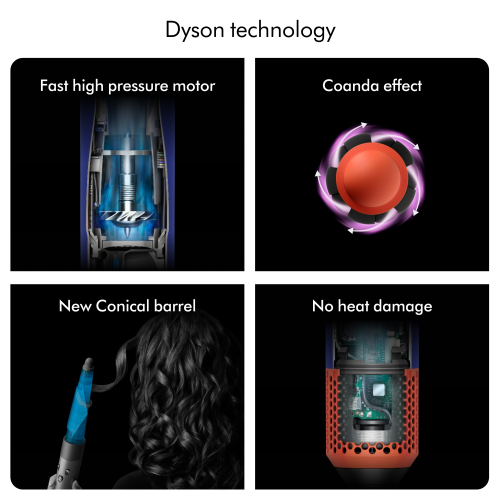 dyson: Airwrap i.d. Multi-styler & Dryer in Vinca Blue & Topaz colorway, with 6 unique attachments for versatile styling.