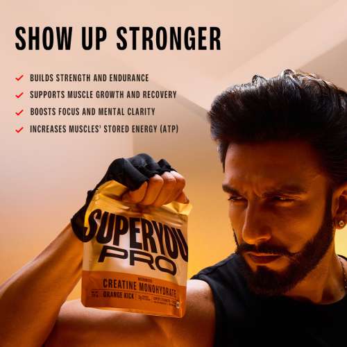SuperYou: Micronized Creatine Monohydrate Powder | Orange Kick | 100gm | 33 Servings | Micronized to 200 Mesh | 1Bn CFU Probiotics | Enhanced Muscle Strength with Rapid Absorption |Pre-Post Workout Supplement | Zero Calories | Zero Sugar | No Artificial Preservativ