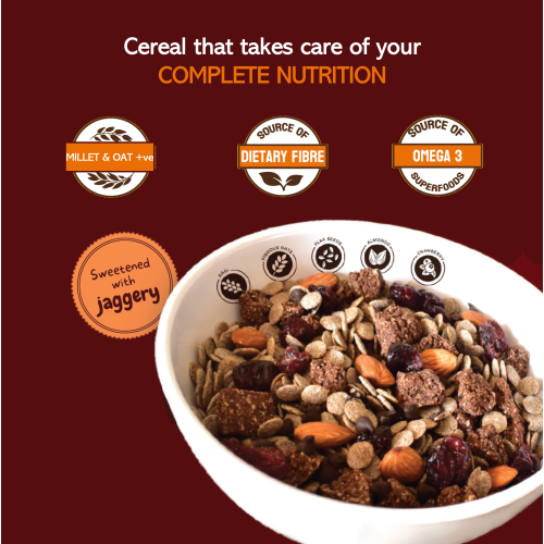 The Snack Company: Cocoa Oat Clusters with Ragi Flakes  400gm | 52% Ragi Flakes, 29% Grains, 7% Nuts, Seeds and Dry-fruits