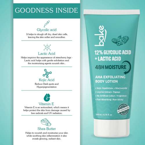 Bake Cosmetics: 12% Glycolic Acid + Lactic Acid AHA Exfoliating Body Lotion | Brightening, Dead Skin Removal & 48H Moisture 200ml