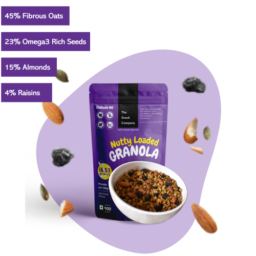 The Snack Company: Nutty Loaded Granola  400gm | 45% Oats, 23% Omega 3 rich seeds, 19% Dry-fruits loaded Gourmet Cereal