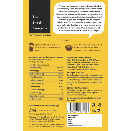 The Snack Company: Protein Oats - Banana Bread | 20gm Protein | 6gm Fibre | 60gm