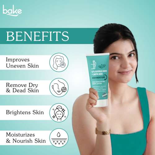 Bake Cosmetics: 12% Glycolic Acid + Lactic Acid AHA Exfoliating Body Lotion | Brightening, Dead Skin Removal & 48H Moisture 200ml