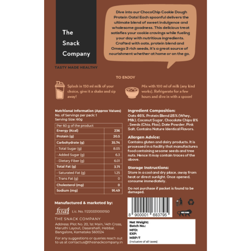 The Snack Company: Protein Oats - Chocochip Cookie Dough | 20gm Protein | 6gm Fibre |60gm