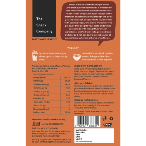 The Snack Company: Protein Oats - Cinnamon Spice | 20gm Protein | 6gm Fibre |60gm