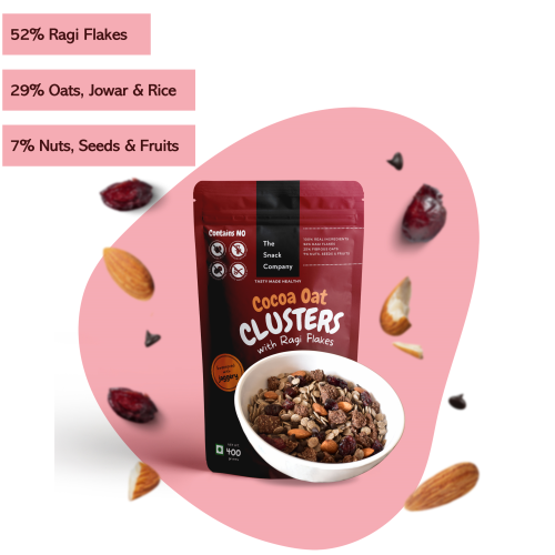 The Snack Company: Cocoa Oat Clusters with Ragi Flakes  400gm | 52% Ragi Flakes, 29% Grains, 7% Nuts, Seeds and Dry-fruits