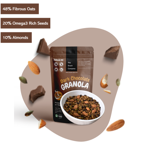 The Snack Company: Dark Chocolate Granola  400gm | 48% Oats | 20% Omega3 Rich Seeds | 10% Almonds