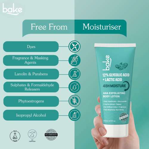 Bake Cosmetics: 12% Glycolic Acid + Lactic Acid AHA Exfoliating Body Lotion | Brightening, Dead Skin Removal & 48H Moisture 200ml