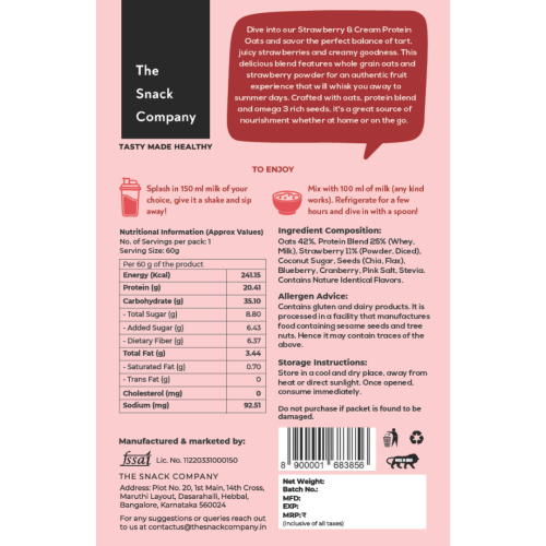 The Snack Company: Protein Oats - Strawberry & Cream | 20gm Protein | 6gm Fibre |60gm