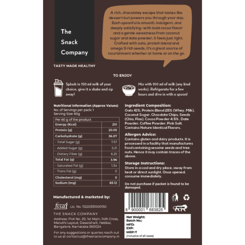 The Snack Company: Protein Oats - Death By Chocolate | 20gm Protein | 6gm Fibre  | 60gm