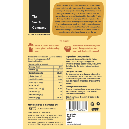 The Snack Company: Protein Oats - Mango Shake | 20gm Protein | 6gm Fibre |60gm