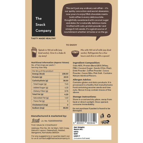 The Snack Company: Protein Oats - Mocha Brew |20gm Protein | 6gm Fibre| 60gm