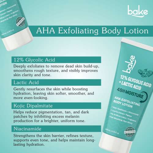 Bake Cosmetics: 12% Glycolic Acid + Lactic Acid AHA Exfoliating Body Lotion | Brightening, Dead Skin Removal & 48H Moisture 200ml