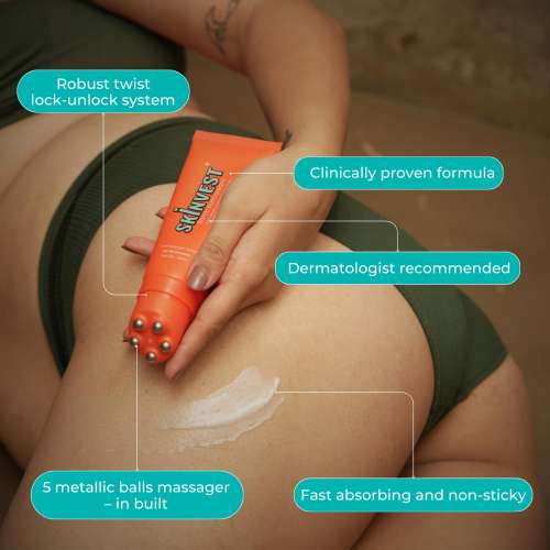 Skinvest: Bomb Bum Cream for Stretch Marks & Cellulite | Pregnancy-Safe Body Tightening Cream with Caffeine & Peptides | Built-In 5-Ball Massager for Firming, Smoothing & Elasticity | 100ml