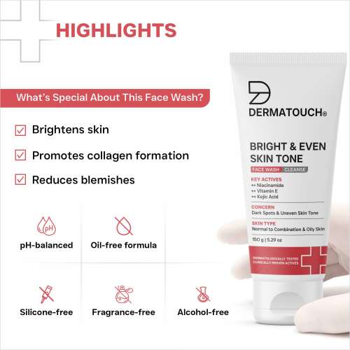Dermatouch: Dermatouch Bright & Even Tone Face Wash With Niacinamide, Vitamin E And Kojic Acid | Daily Gentle Face Wash For Tan, Pigmentation, Uneven Tone | 150gm  Pack Of 2