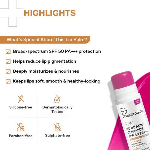 Dermatouch: Kojic Acid Ceramide SPF 50 PA+++ Light Rosy Lip Balm - 5gm | Moisturizing  Sun Protection  Nourishing | Reduces Pigmentation & Heals Dry Lips