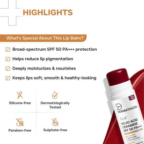 Dermatouch: Kojic Acid Ceramide SPF 50 PA+++ Cherry Red Lip Balm - 5gm | Moisturizing  Sun Protection  Nourishing | Reduces Pigmentation & Heals Dry Lips