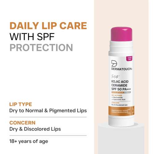 Dermatouch: Kojic Acid Ceramide SPF 50 PA+++ Light Rosy Lip Balm - 5gm | Moisturizing  Sun Protection  Nourishing | Reduces Pigmentation & Heals Dry Lips