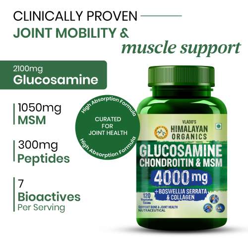 Vlado's Himalayan Organics: Vladoâ€™s Himalayan Organics Glucosamine Chondroitin MSM Tablets | Cartilage & Joint Support Supplement | Glucosamine for Joint Relieves Pain and Stiffness I Added Collagen peptides, Curcuma, Vitamin D & Boswellia - Pure Veg Formula - 120 Vegetarian Table