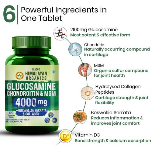 Vlado's Himalayan Organics: Vladoâ€™s Himalayan Organics Glucosamine Chondroitin MSM Tablets | Cartilage & Joint Support Supplement | Glucosamine for Joint Relieves Pain and Stiffness I Added Collagen peptides, Curcuma, Vitamin D & Boswellia - Pure Veg Formula - 120 Vegetarian Table