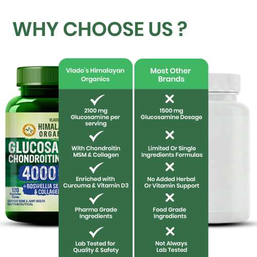 Vlado's Himalayan Organics: Vladoâ€™s Himalayan Organics Glucosamine Chondroitin MSM Tablets | Cartilage & Joint Support Supplement | Glucosamine for Joint Relieves Pain and Stiffness I Added Collagen peptides, Curcuma, Vitamin D & Boswellia - Pure Veg Formula - 120 Vegetarian Table