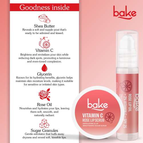 Bake Cosmetics: Vitamin C Rose Lip Care Kit SPF 25 - Lip Oil & Scrub for Pigmented & Dry Lips | Brightening & Exfoliating 40gm