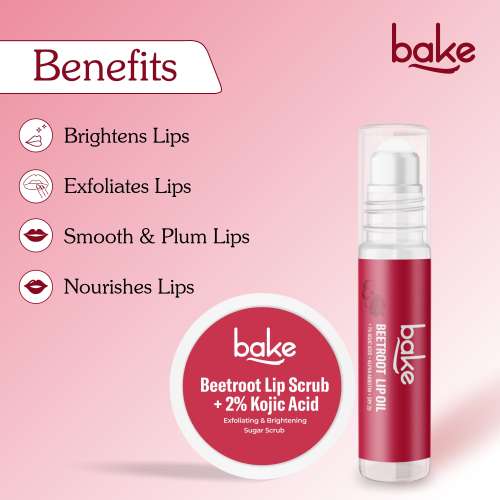 Bake Cosmetics: Beetroot Lip Kit with Kojic Acid | Lip Scrub + SPF 25 Lip Oil | Brightens Dark & Pigmented Lips 40gm
