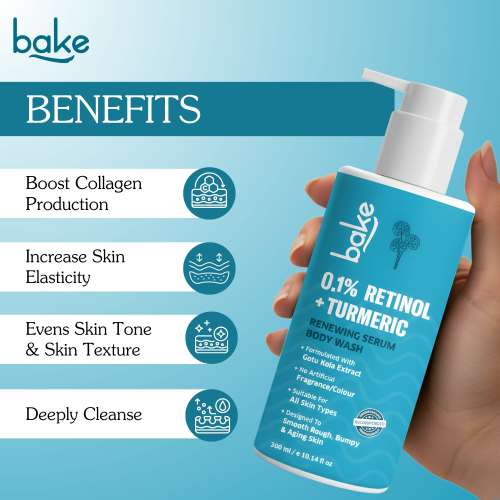 Bake Cosmetics: 0.1% Retinol & Turmeric Renewing Serum Body Wash for Anti-Aging  Smooths Skin & Improves Elasticity 300ml