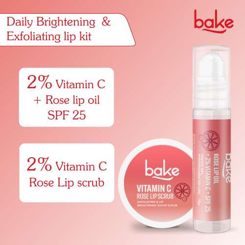 Bake Cosmetics: Vitamin C Rose Lip Care Kit SPF 25 - Lip Oil & Scrub for Pigmented & Dry Lips | Brightening & Exfoliating 40gm