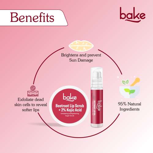 Bake Cosmetics: Beetroot Lip Kit with Kojic Acid | Lip Scrub + SPF 25 Lip Oil | Brightens Dark & Pigmented Lips 40gm