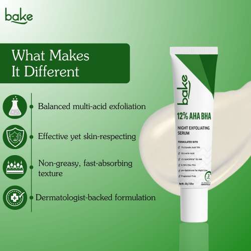 Bake Cosmetics: 12% AHA BHA Night Exfoliating Serum  Glycolic & Salicylic Acid | Smooths Skin, Refines Pores & Boosts Cell Turnover 30gm