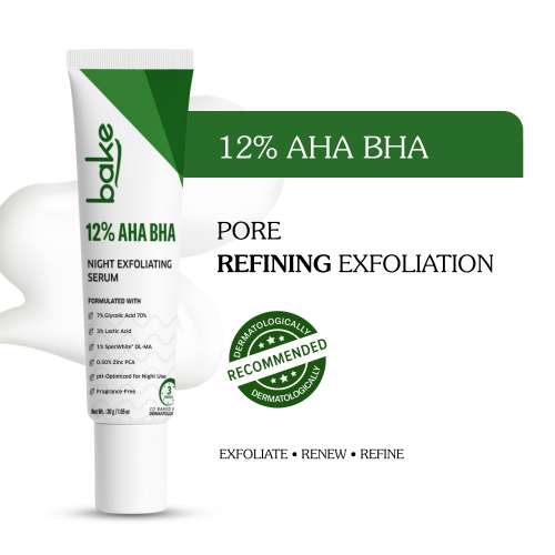 Bake Cosmetics: 12% AHA BHA Night Exfoliating Serum Glycolic & Salicylic Acid | Smooths Skin, Refines Pores & Boosts Cell Turnover 30gm