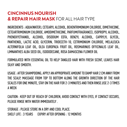 CINCINNUS: Essential Oil Scented Nourish And Repair Hair mask For All Hair Type 500ml