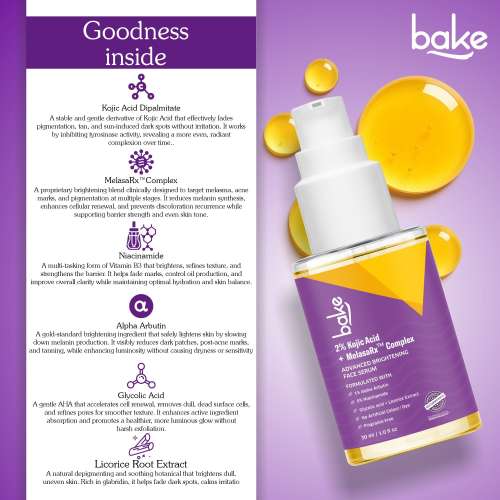 Bake Cosmetics: 2% Kojic Acid Face Serum with MelasaRx Complex for Dark Spots, Pigmentation & Brightening Glow 30ml