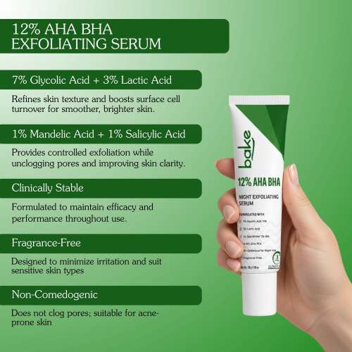 Bake Cosmetics: 12% AHA BHA Night Exfoliating Serum  Glycolic & Salicylic Acid | Smooths Skin, Refines Pores & Boosts Cell Turnover 30gm