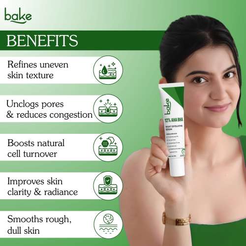 Bake Cosmetics: 12% AHA BHA Night Exfoliating Serum  Glycolic & Salicylic Acid | Smooths Skin, Refines Pores & Boosts Cell Turnover 30gm