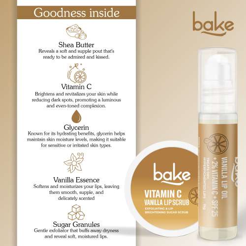 Bake Cosmetics: Vitamin C Vanilla Lip Kit - Lip Oil & Scrub for Pigmented & Dry Lips | Brightening & Repair Care 40gm
