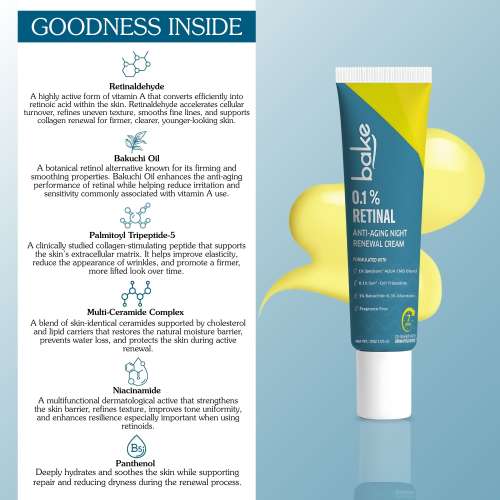 Bake Cosmetics: 0.1% Retinaldehyde Night Renewal Cream Anti-Aging Face Cream, Firms Skin, Reduces Fine Lines & Wrinkles 30gm