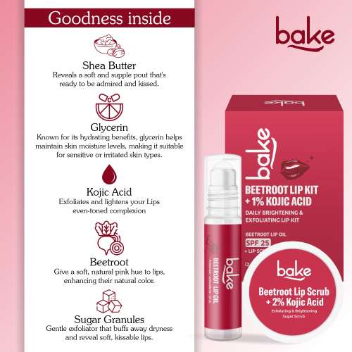 Bake Cosmetics: Beetroot Lip Kit with Kojic Acid | Lip Scrub + SPF 25 Lip Oil | Brightens Dark & Pigmented Lips 40gm