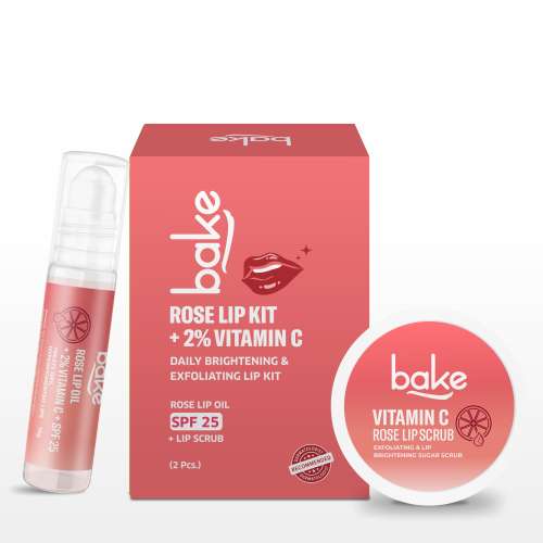 Bake Cosmetics: Vitamin C Rose Lip Care Kit SPF 25 - Lip Oil & Scrub for Pigmented & Dry Lips | Brightening & Exfoliating 40gm