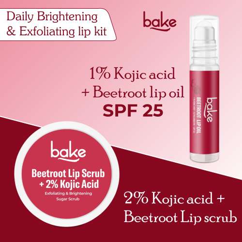 Bake Cosmetics: Beetroot Lip Kit with Kojic Acid | Lip Scrub + SPF 25 Lip Oil | Brightens Dark & Pigmented Lips 40gm
