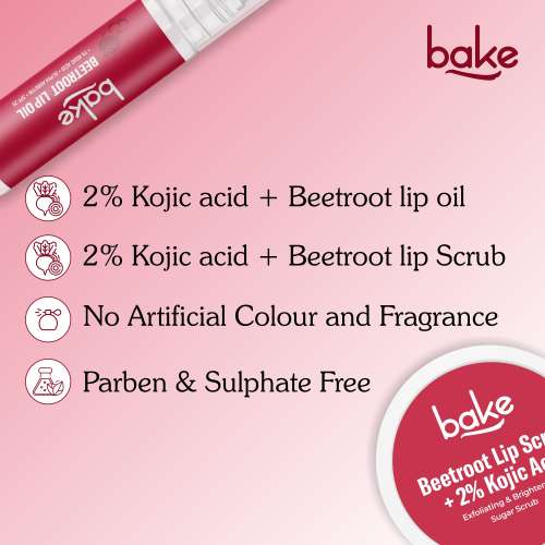 Bake Cosmetics: Beetroot Lip Kit with Kojic Acid | Lip Scrub + SPF 25 Lip Oil | Brightens Dark & Pigmented Lips 40gm