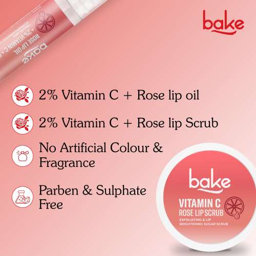 Bake Cosmetics: Vitamin C Rose Lip Care Kit SPF 25 - Lip Oil & Scrub for Pigmented & Dry Lips | Brightening & Exfoliating 40gm
